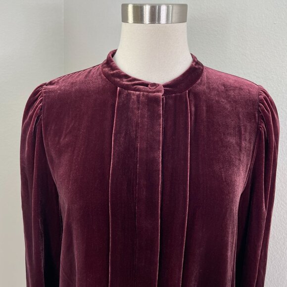 Theory Womens Medium Burgundy Tux Tunic Luxe Velvet Long Sleeve Top Shirt - Picture 2 of 12